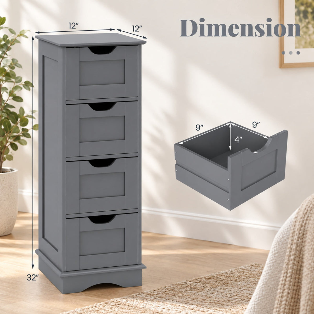 Airfind Bathroom Storage Cabinet, with Cutout Handles and 4 Drawers, 33 lbs Capacity, MDF Frame, 12 Inch x 12 Inch x 32 Inch Footprint, Gray