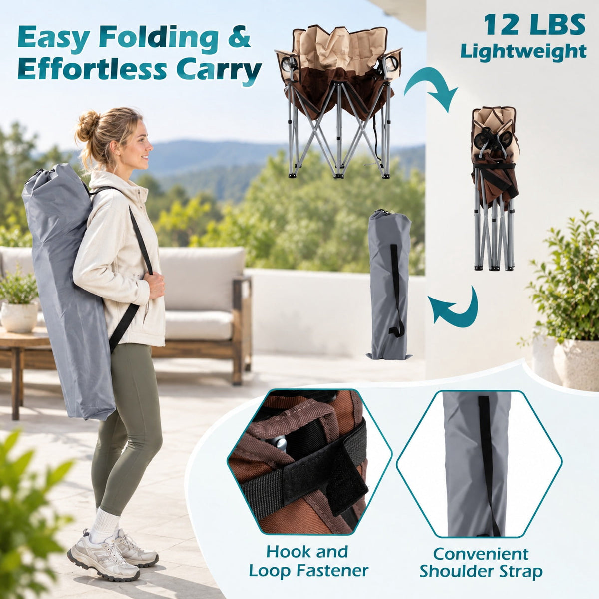Airfind Double Camping Chair with Carry Bag Cup Holders, 660 lbs Capacity, Metal Oxford Fabric Sponge, 40 Inch x 20.5 Inch x 36.5 Inch , Brown
