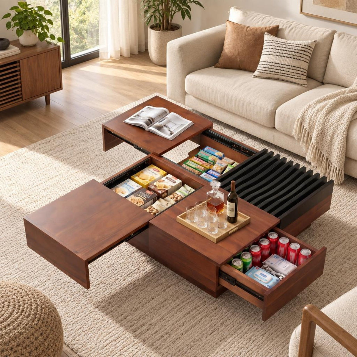 Airfind 32 Square Color-blocking Design Coffee Table with Storage Tray for Living Room, 165 lbs Capacity, Engineered Wood Frame, Walnut