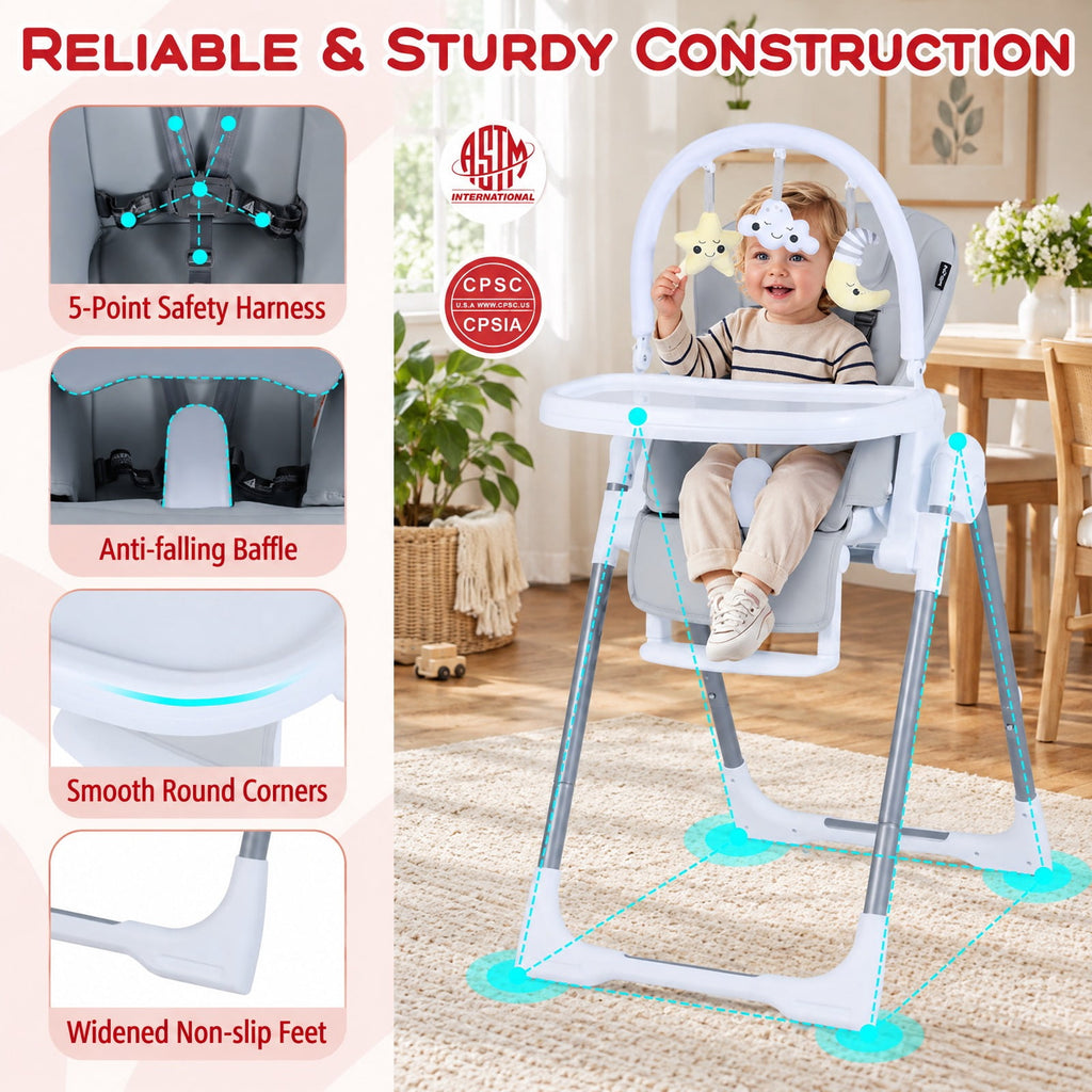 Airfind Foldable Baby High Chair with Adjustable Height and Relining Seat, 15 kg Capacity, Metal PP PU Frame, for 6-36 Months, Light Gray