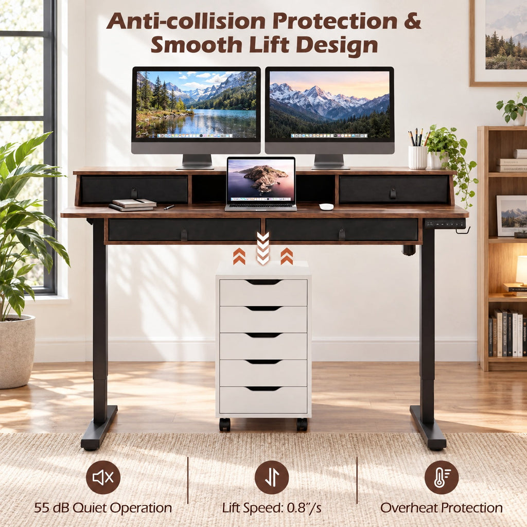 Airfind 55 Inch x 27 Inch Electric Standing Desk with Drawers, Engineered Wood Metal Fabric Frame, 55 Inch x 27 Inch x 33.5 Inch -51 Inch Footprint, Brown