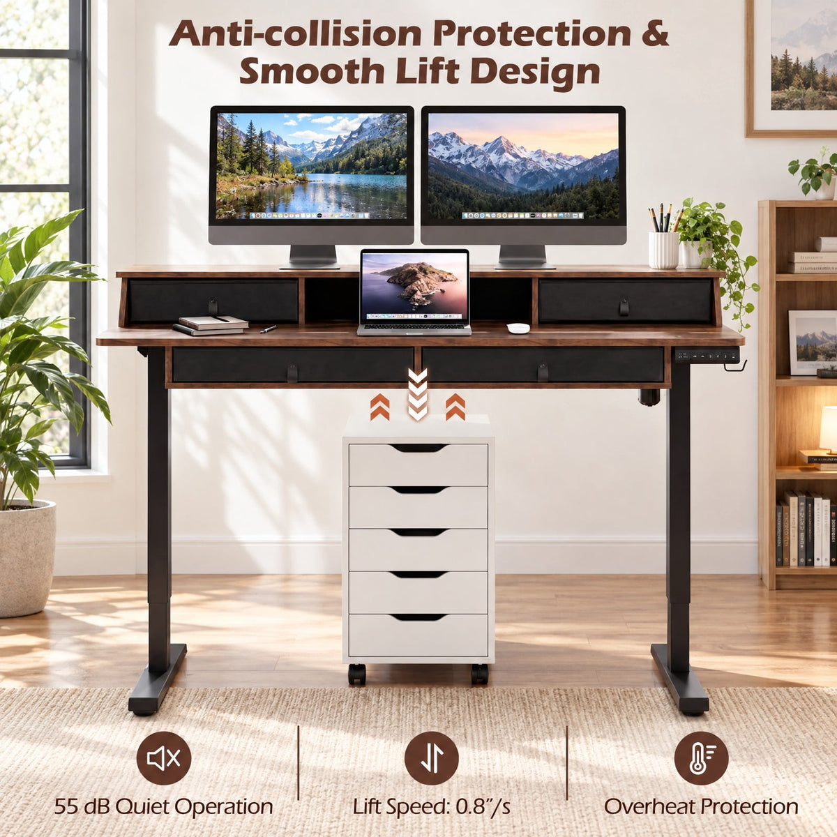 Airfind 55 Inch x 27 Inch Electric Standing Desk with Drawers, Engineered Wood Metal Fabric Frame, 55 Inch x 27 Inch x 33.5 Inch -51 Inch Footprint, Brown