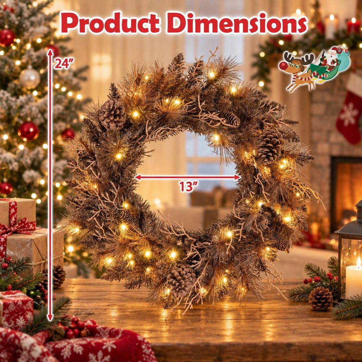 Airfind 24 Inch Pre-lit Christmas Wreath with 105 Branch Tips and 35 Warm White LED Lights-1 piece, PVC PE Metal Frame, 24 x 24 Footprint, White
