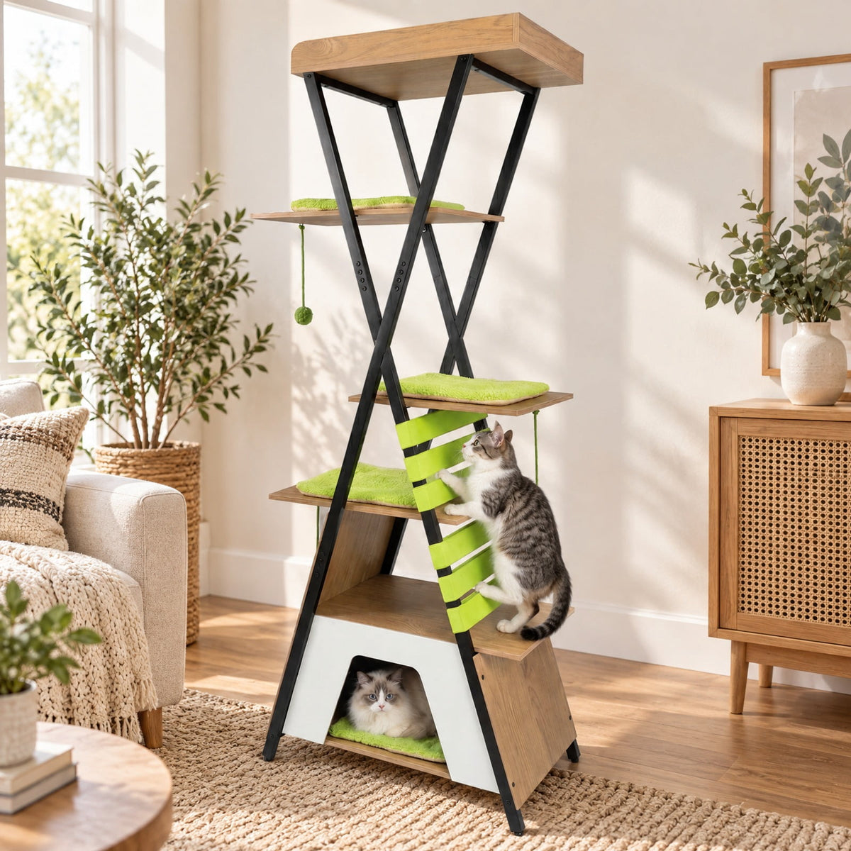 Airfind 73 Inch Multi-level Cat Tree for Indoor Cats with Elevated Perch and Large Condo, 44 lbs Capacity, Engineered Wood Frame, Brown