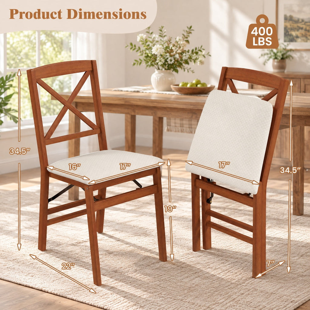 Airfind Folding Dining Chairs Set of 2 with Padded Seat and Rubber Wood Frame, 400 lbs Capacity, Rubber Wood Frame, 22in x 17in x 34.5in Footprint
