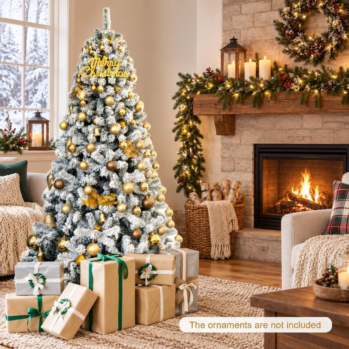 Airfind Snow-flocked Artificial Christmas Tree 7.5 Ft featuring 1010 Branch Tips, Hinged Sections and Metal Stand for Everyday Use, White