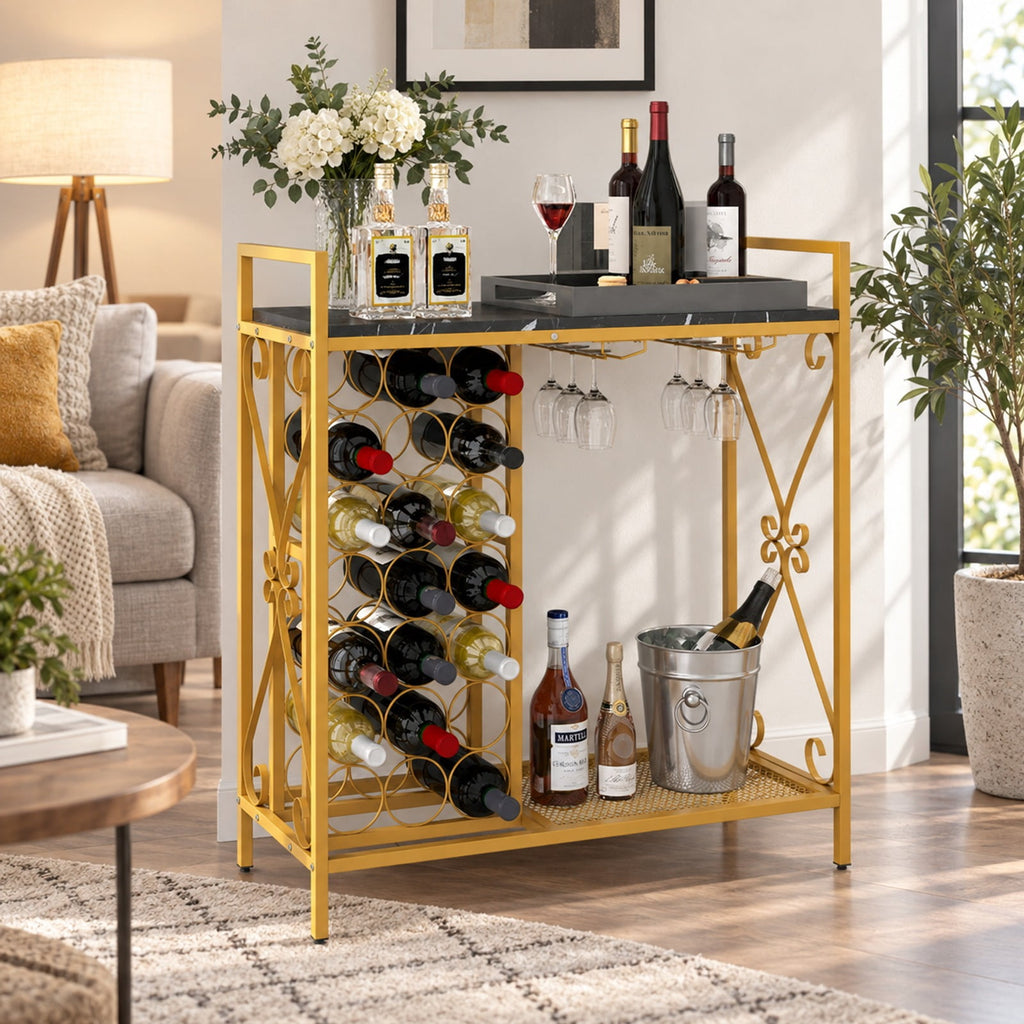Airfind 21 Bottle Wine Rack Freestanding Floor Wine Bottle Organizer with Glass Holder, 44 lbs Capacity, Metal Engineered Wood Frame, Rustic Brown