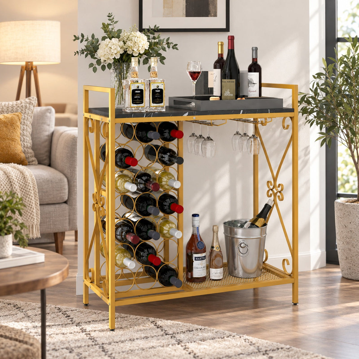 Airfind 21 Bottle Wine Rack Freestanding Floor Wine Bottle Organizer with Glass Holder, 44 lbs Capacity, Metal Engineered Wood Frame, Rustic Brown