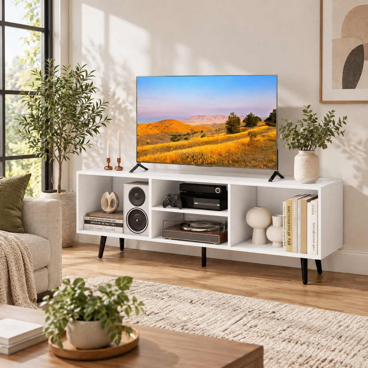 Airfind 47.5 Inches TV Stand for 55-Inch TV with Compartments and Metal Legs, 132 lbs Capacity, Engineered Wood MDF Metal Frame, White