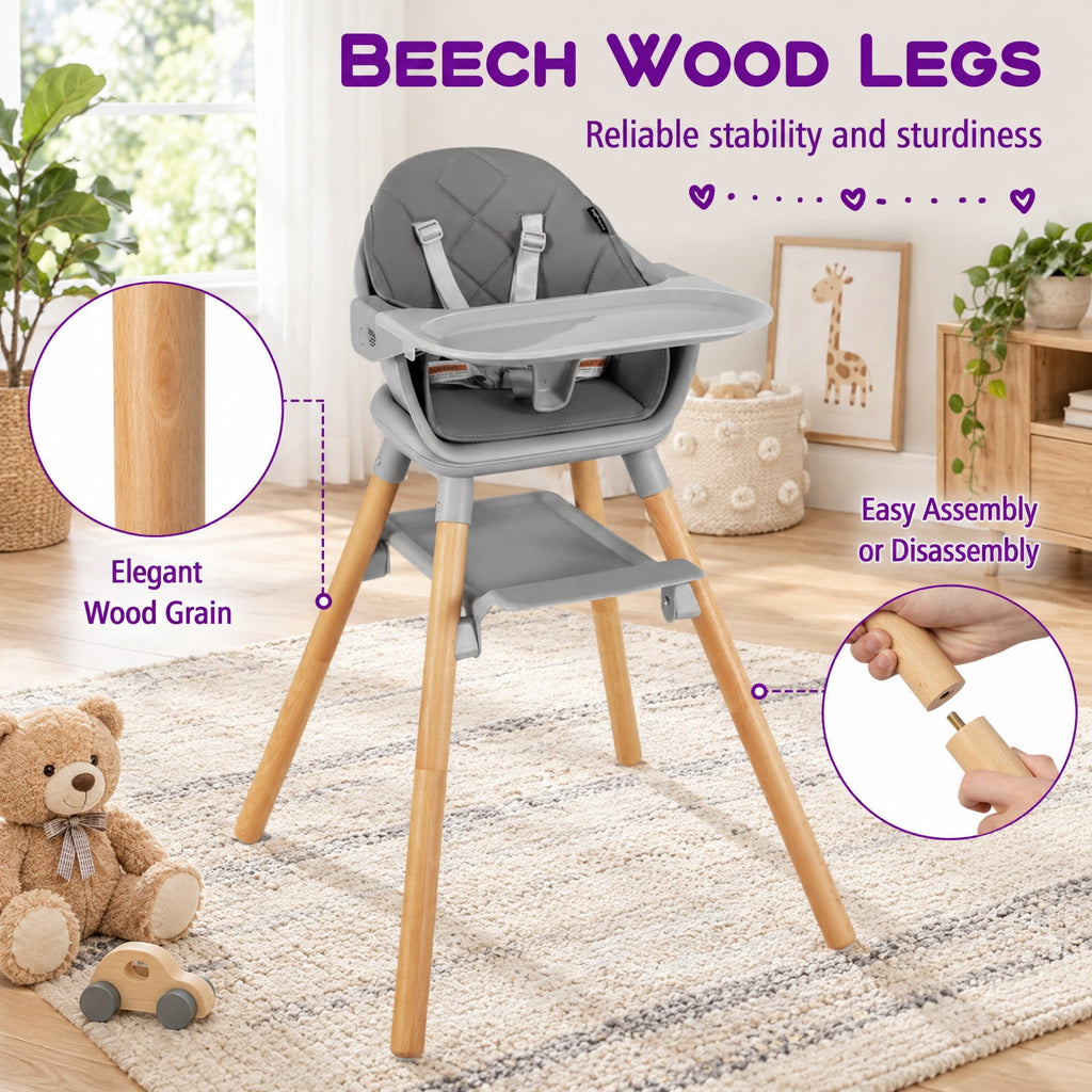 Airfind 6 in 1 Convertible Highchair with Safety Harness and Removable Tray, PP PU Beech Frame, 24.5 x 23 x 35.5 Footprint, Gray