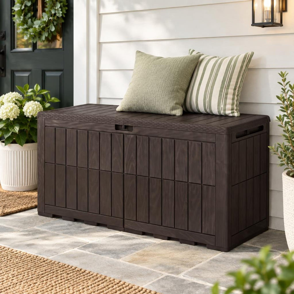 Airfind 120 Gal Outdoor Deck Box with Lid and Handles for Garden Tools, 540 lbs Capacity, PP Metal, 52 Inch x 24 Inch x 25 Inch , Brown
