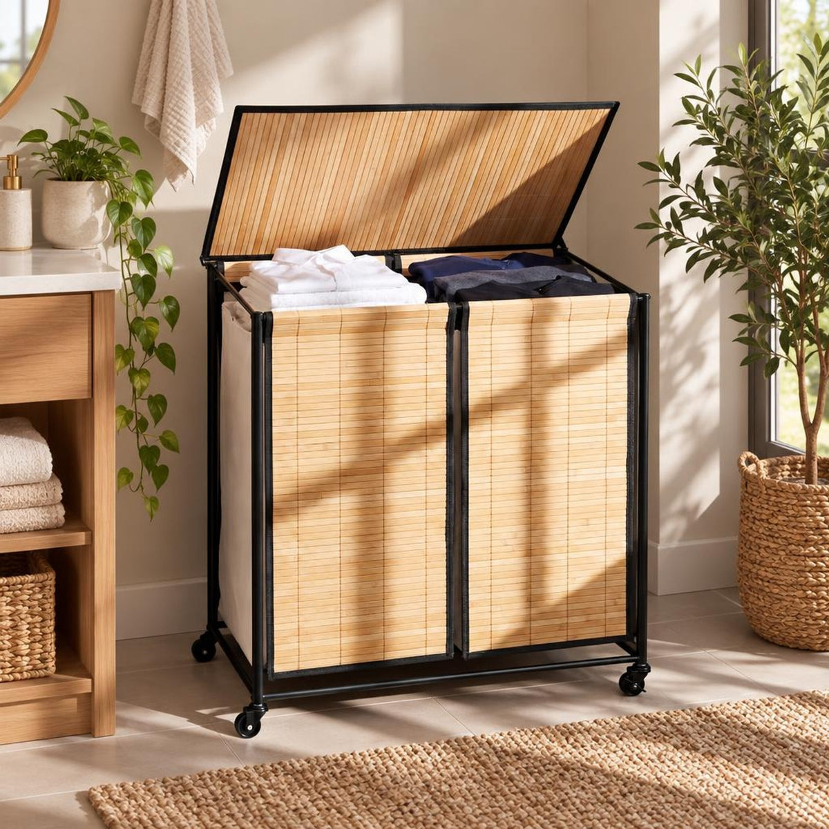 Airfind 18.5 Gal Laundry hamper with Lid 2-Section with 2 Lockable Wheels, 11 lbs Capacity, Bamboo Metal Oxford Cloth Frame, Natural