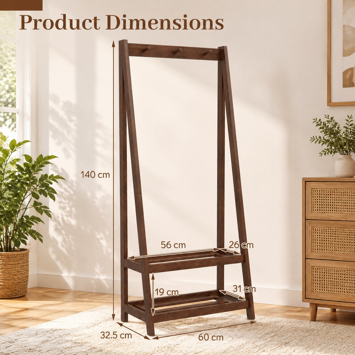 Airfind Freestanding Clothes Rack with 3 Hooks and 2 Shelves, 33 lbs Capacity, Rubber Wood Frame, 13 x 24 x 55 Footprint, Walnut