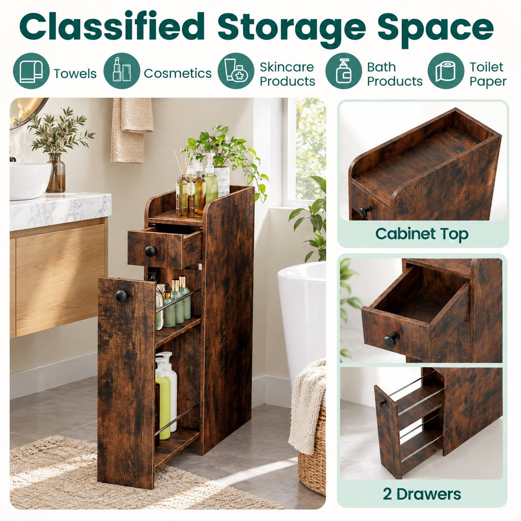 Airfind Bathroom Storage Cabinet, Small, 4-Tier with Slide Out Drawers on Casters, 66 lbs Capacity, MDF Frame, 16 Inch x 7 Inch x 27.5 Inch Drawer, Brown