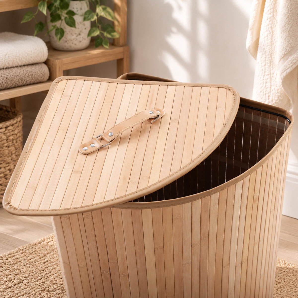 Airfind Corner Bamboo Hamper Laundry Basket, Bamboo and polyester cotton Frame, Natural, Easy to carry with a handle on each side