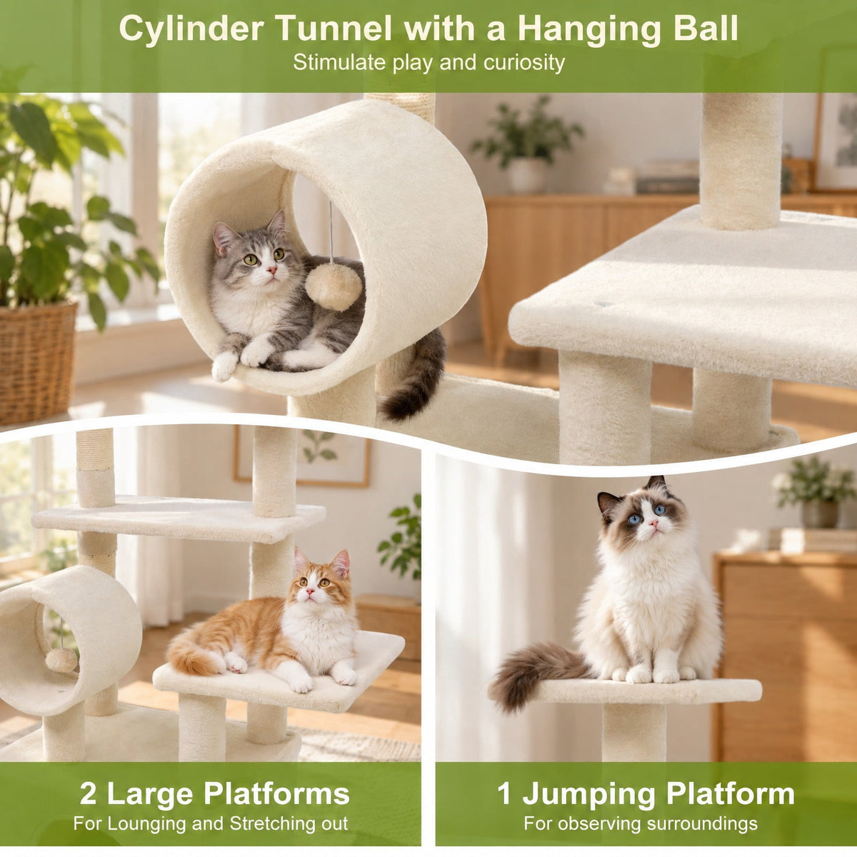 Airfind 48 Inches Tall Cat Tree Multi-Level Kitten Tower with Large Condo Padded Top Perch, Engineered Board Plush Sponge Jute Frame, Beige