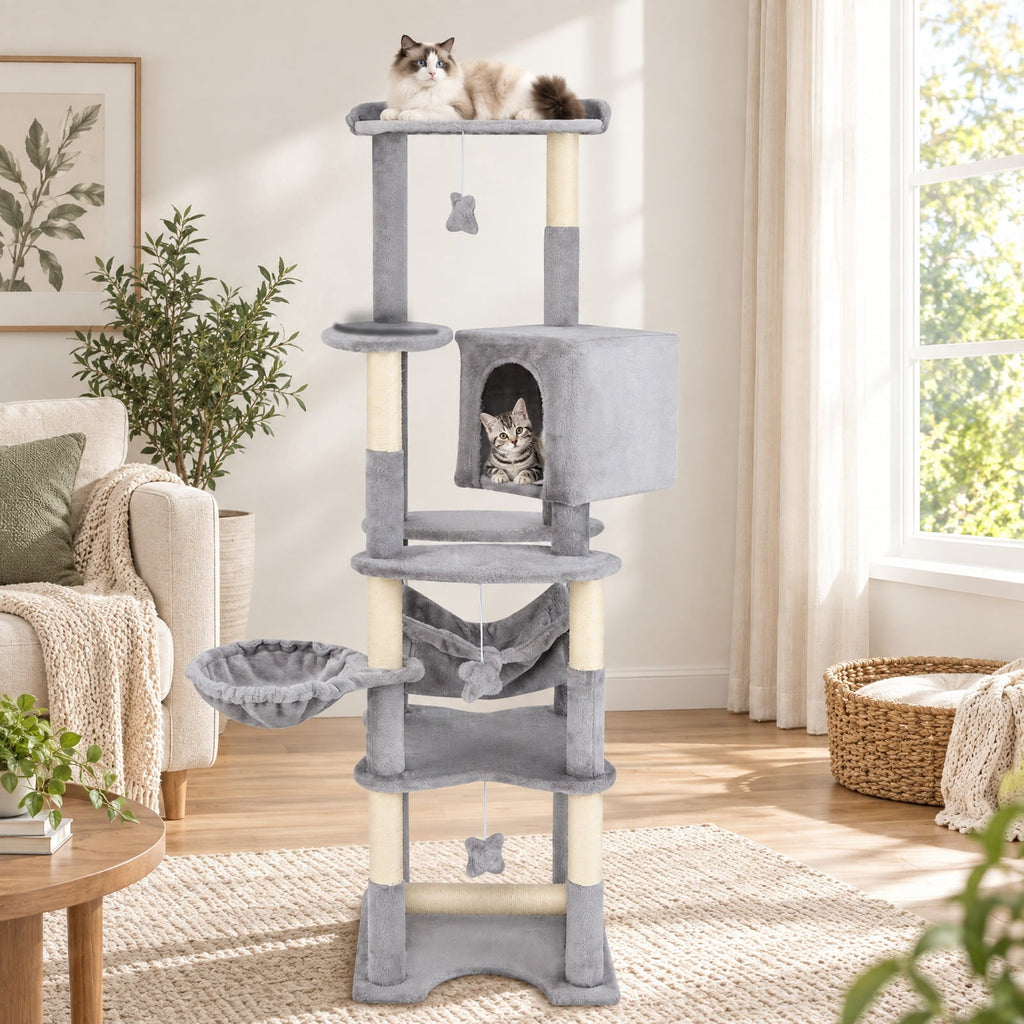 Airfind 69 Inch Multi-level Cat Tree with Top Perch and Cozy Condo, 11 lbs Capacity, Gray + Orange, Featuring large condo for peaceful rest