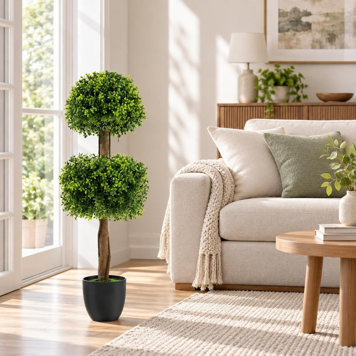 Airfind 40 Inch Artificial Boxwood Topiary Ball Tree for Front Porch Patio Home, PP Cement PE for Convenient Everyday Use, Green