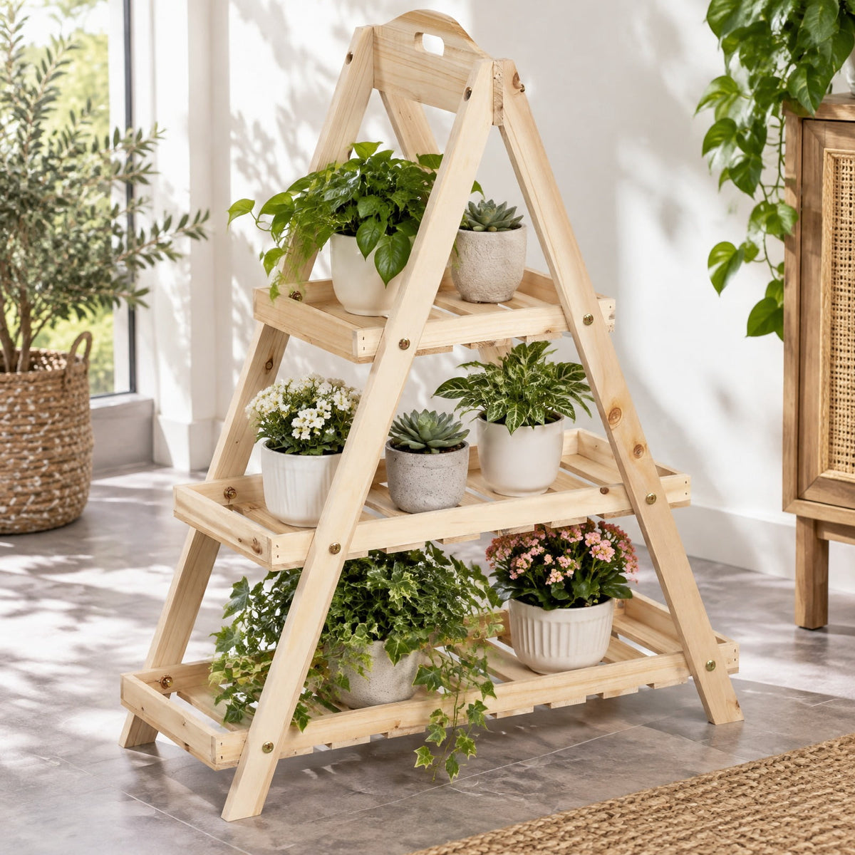 Airfind 3-Tier Plant Stand Flower Pot Display Shelf, Shelf 11 lbs Total Capacity, Fir Wood Frame, 23 x 10 x 28.5 Footprint, Natural