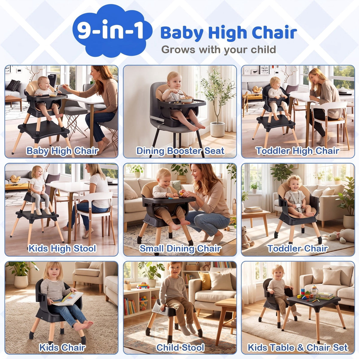 Airfind 9-in-1 Convertible High Chair with Solid Wood Legs for Babies and Toddlers, 33 lbs Capacity, PP Frame, for 6 months to 3 years old, Coffee
