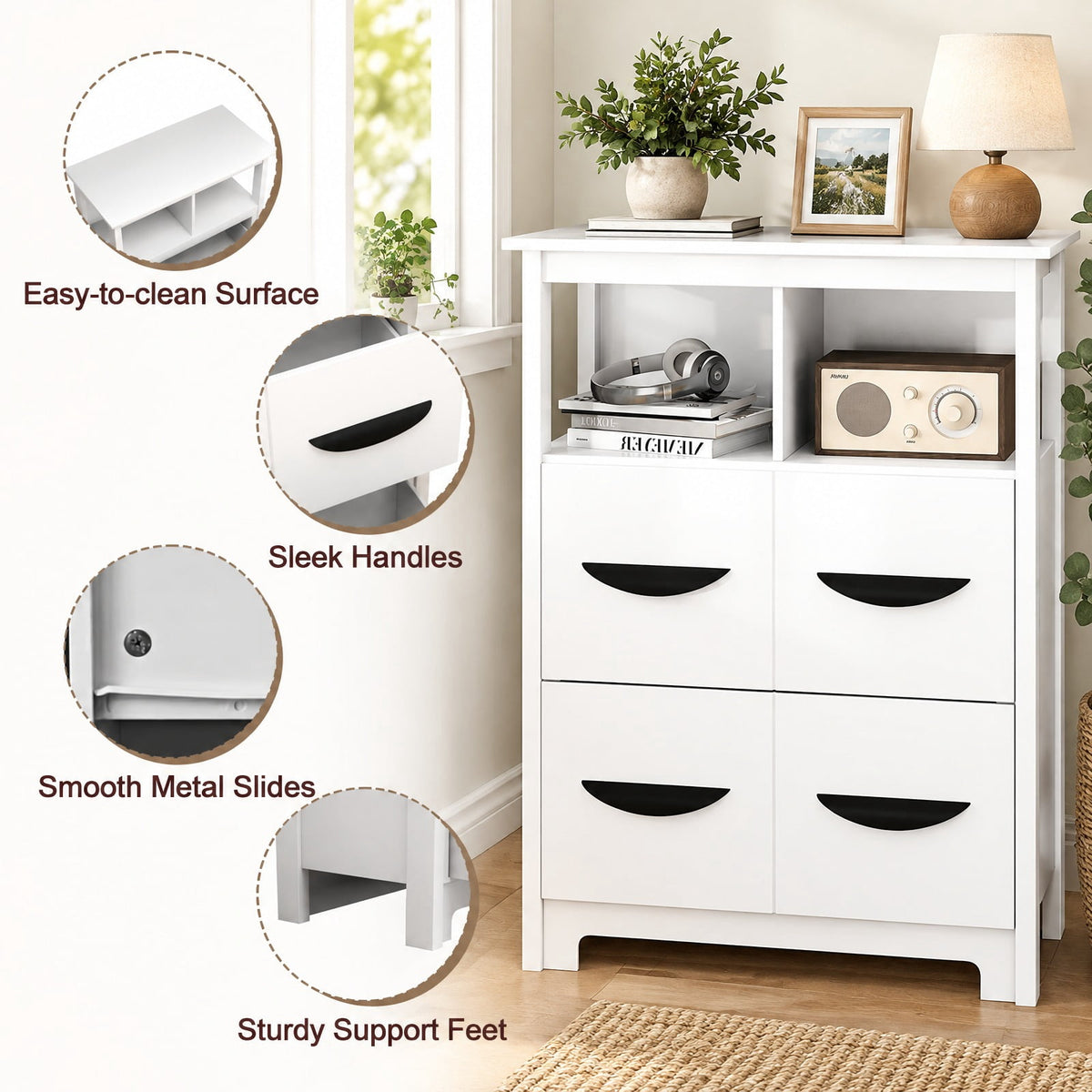 Airfind 24 Inch Floor Cabinet with 2 Open Compartments and 2 Drawers, MDF Engineered Wood Frame, 24in x 12in x 31.5in Footprint, White