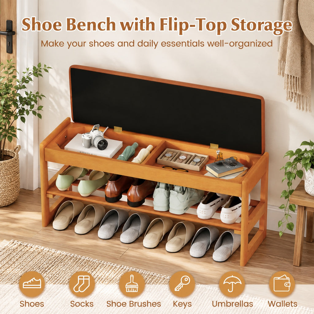 Airfind Shoe Rack Bench with Storage 2-Tier Rubberwood Entryway Bench with Flip-Open Storage, 400 lbs Capacity, 40in x 13.5in x 17in Footprint, Brown
