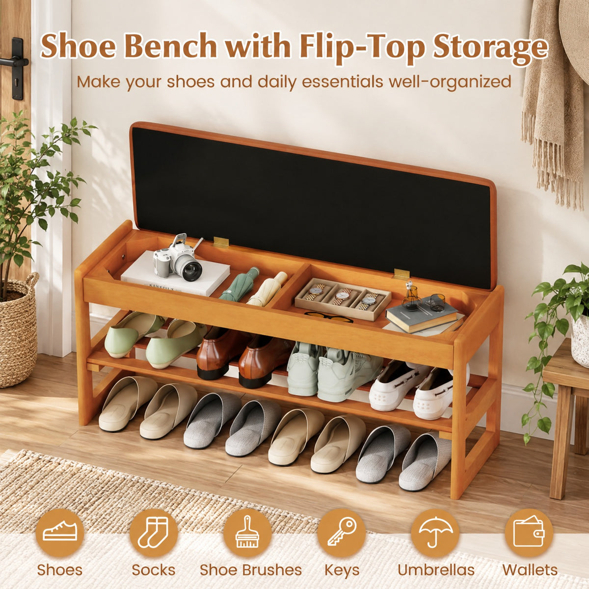 Airfind Shoe Rack Bench with Storage 2-Tier Rubberwood Entryway Bench with Flip-Open Storage, 400 lbs Capacity, 40in x 13.5in x 17in Footprint, Brown