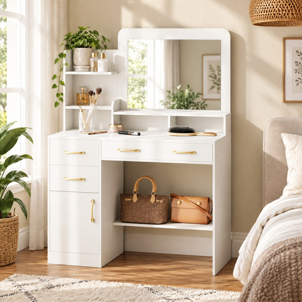 Airfind 39.5 Inch Vanity Desk with Power Outlets and Mirror for Bedroom, 85 lbs Capacity, 39.5in x 15.5in x 53inMirror Footprint, White