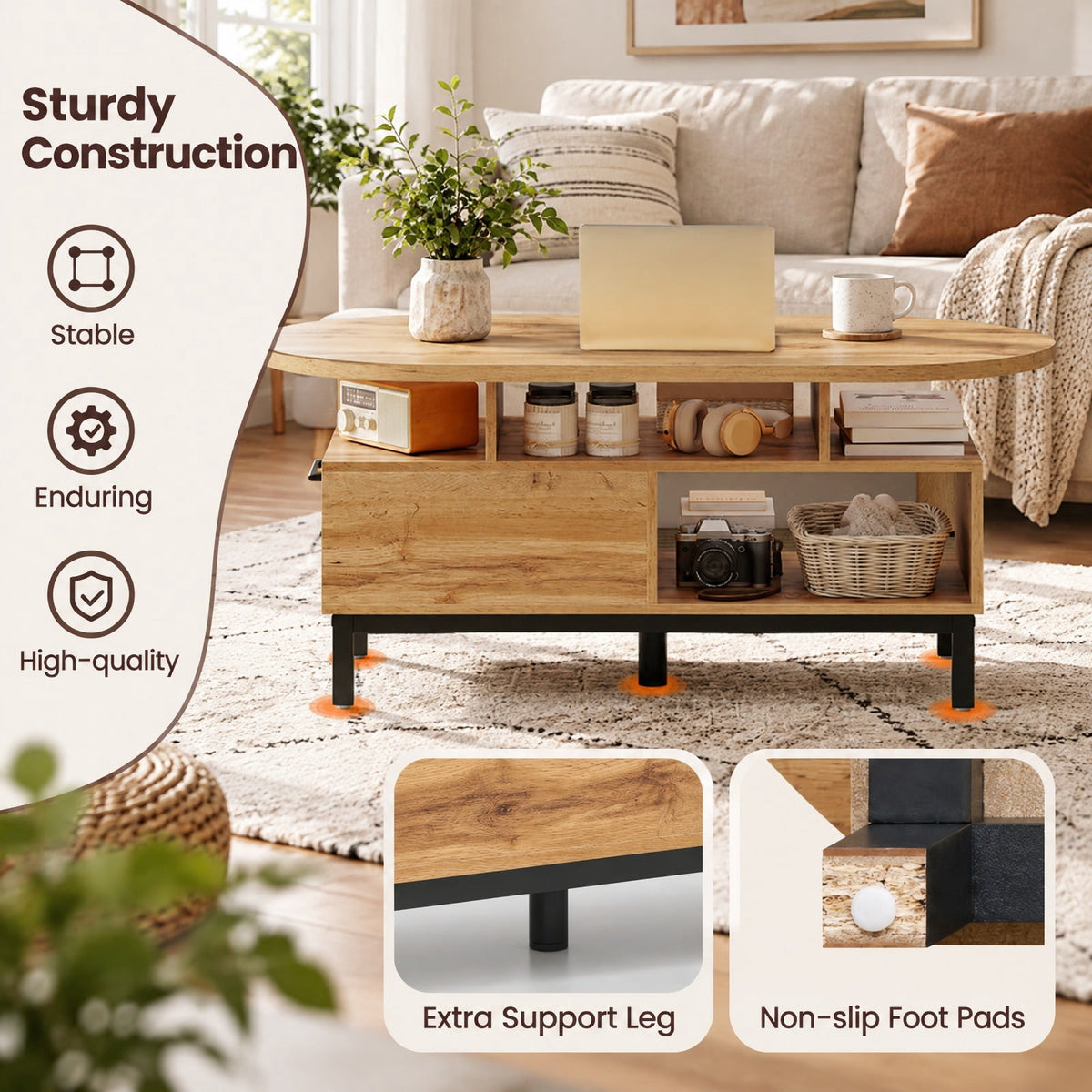 Airfind 47 Inch Oval Coffee Table with Storage and Open Compartments for Living Room, 110 lbs Capacity, Engineered Wood MDF Frame, Natural
