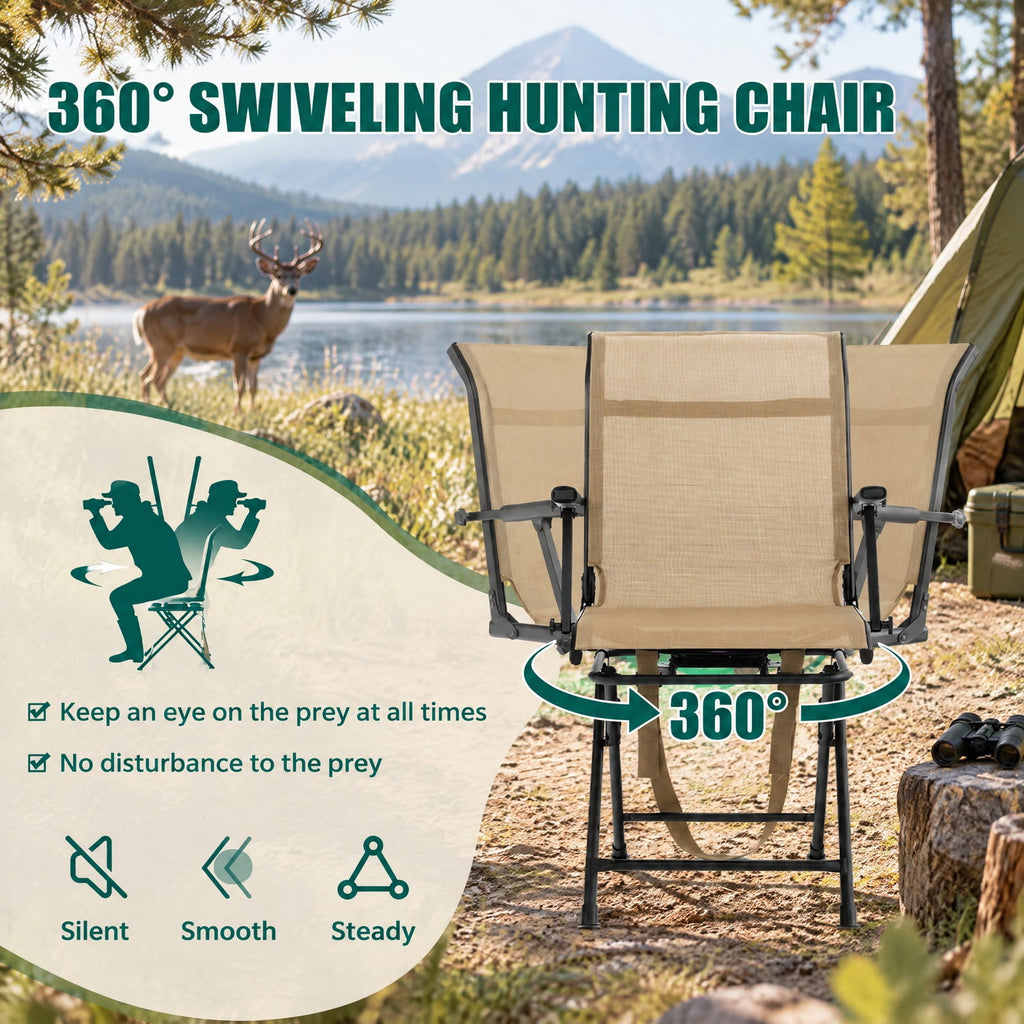 Airfind Foldable Swivel Hunting Chair with Mesh Back, Armrests and Wide Feet, 330 lbs Capacity for Ground Blind and Outdoor Use, Coffee