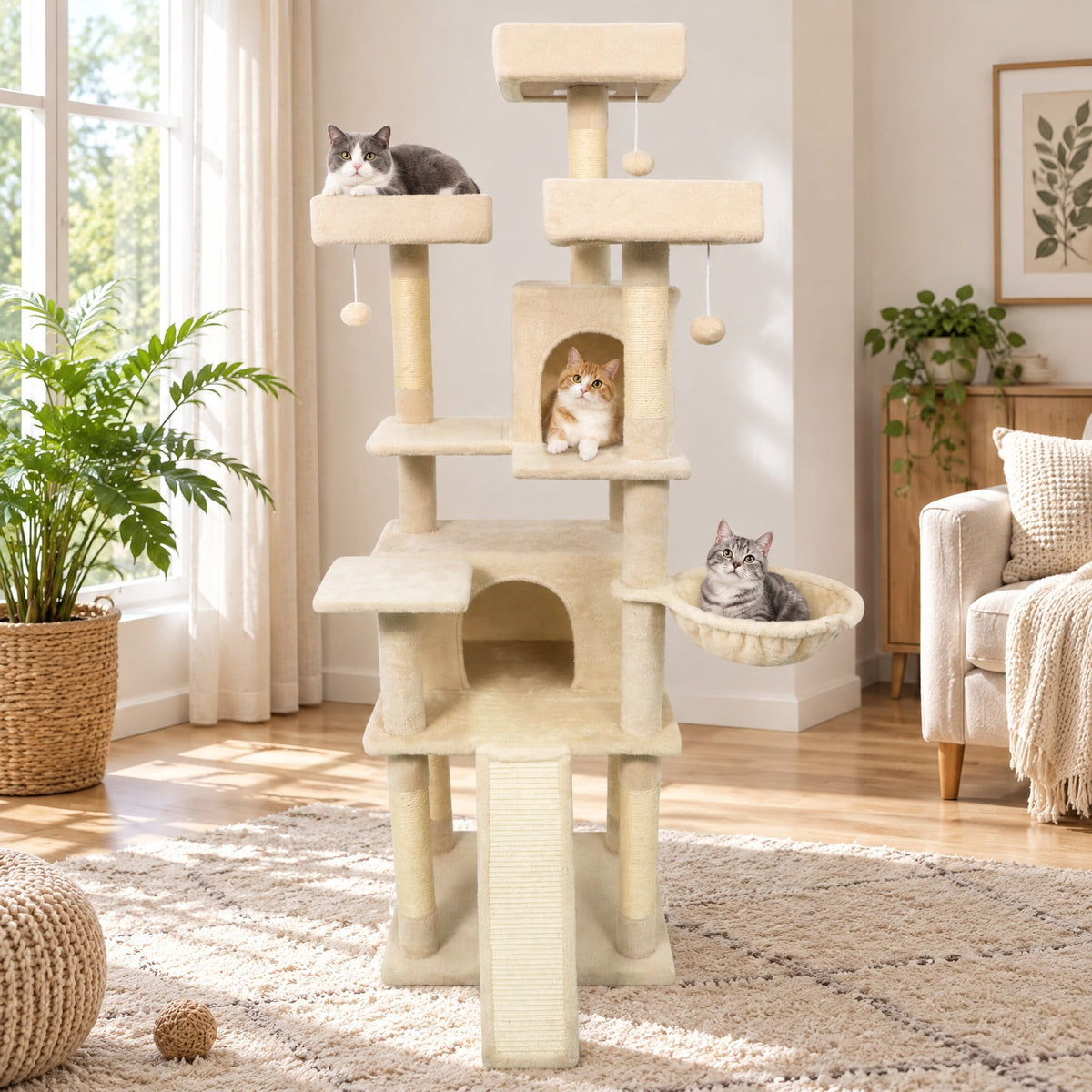 Airfind 65 Inch Tall Multi-level Cat Tree with 3 Upholstered Perch and 2 Cat Condos, Fabric Sisal Engineered Wood Overall Height 65 Inch Base Frame
