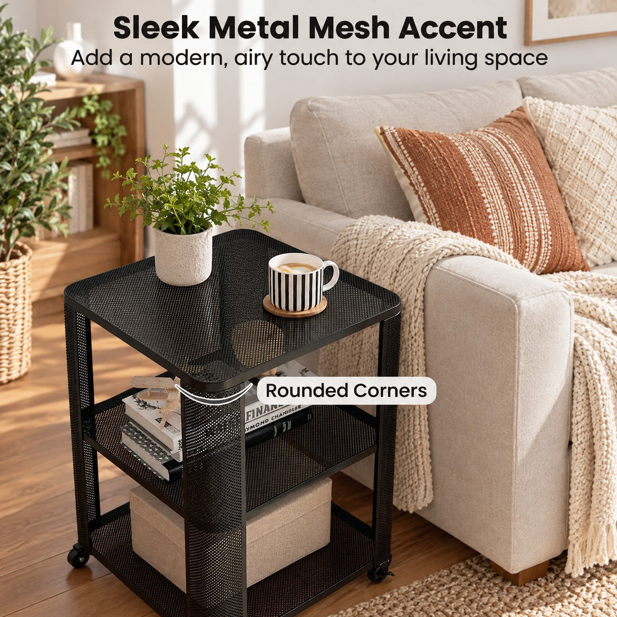 Airfind 3-Tier End Table with Wheels Rolling Side Table with Open Storage Shelves-Set of 2, 112 lbs Capacity, Metal Frame, 16 x 16 x 22 Footprint