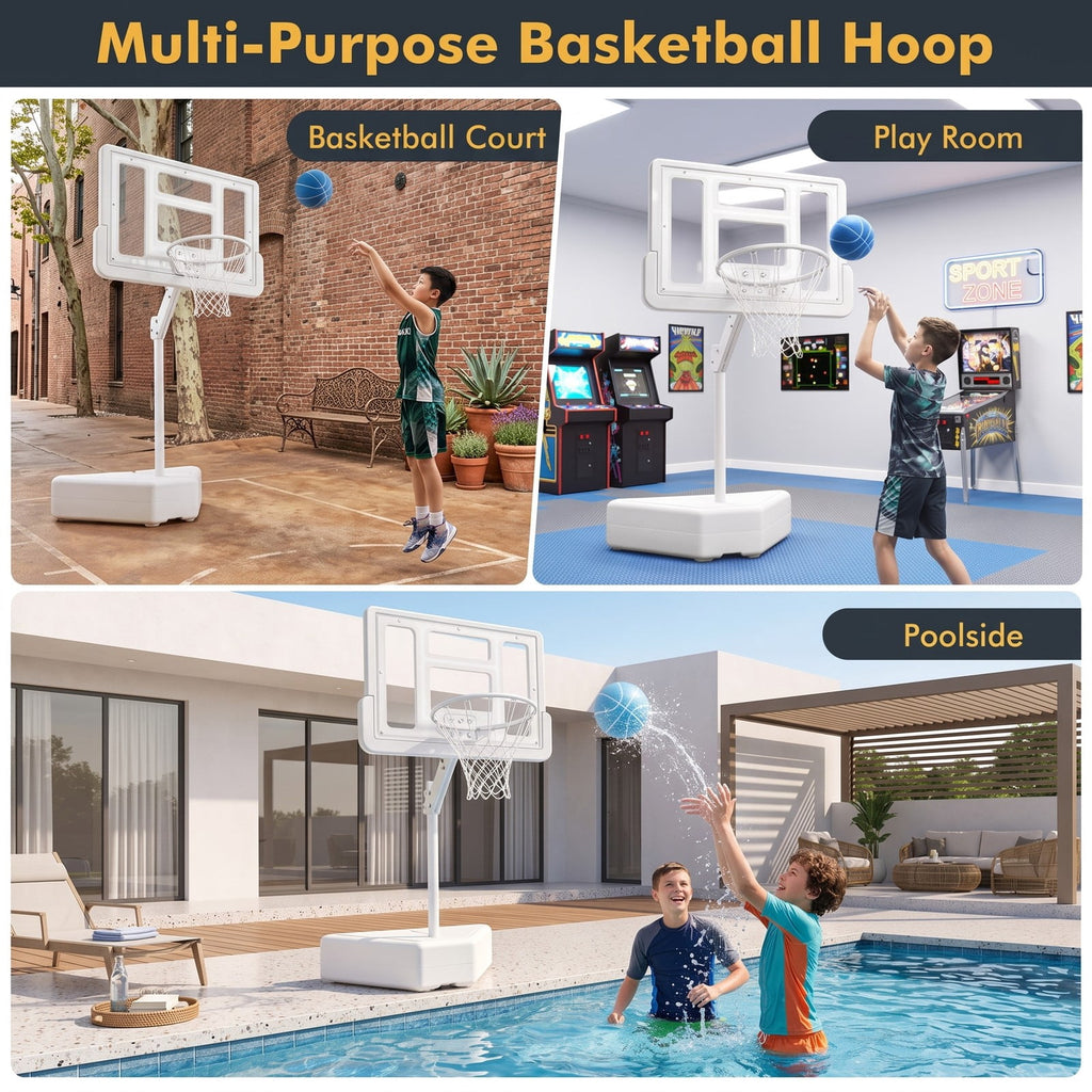 Airfind Poolside Basketball Hoop System, Adjustable Height Pool Basketball Set with 2 Water Balls and Pump, Metal PC Backboard for Swimming Pool Outdoor Family, White