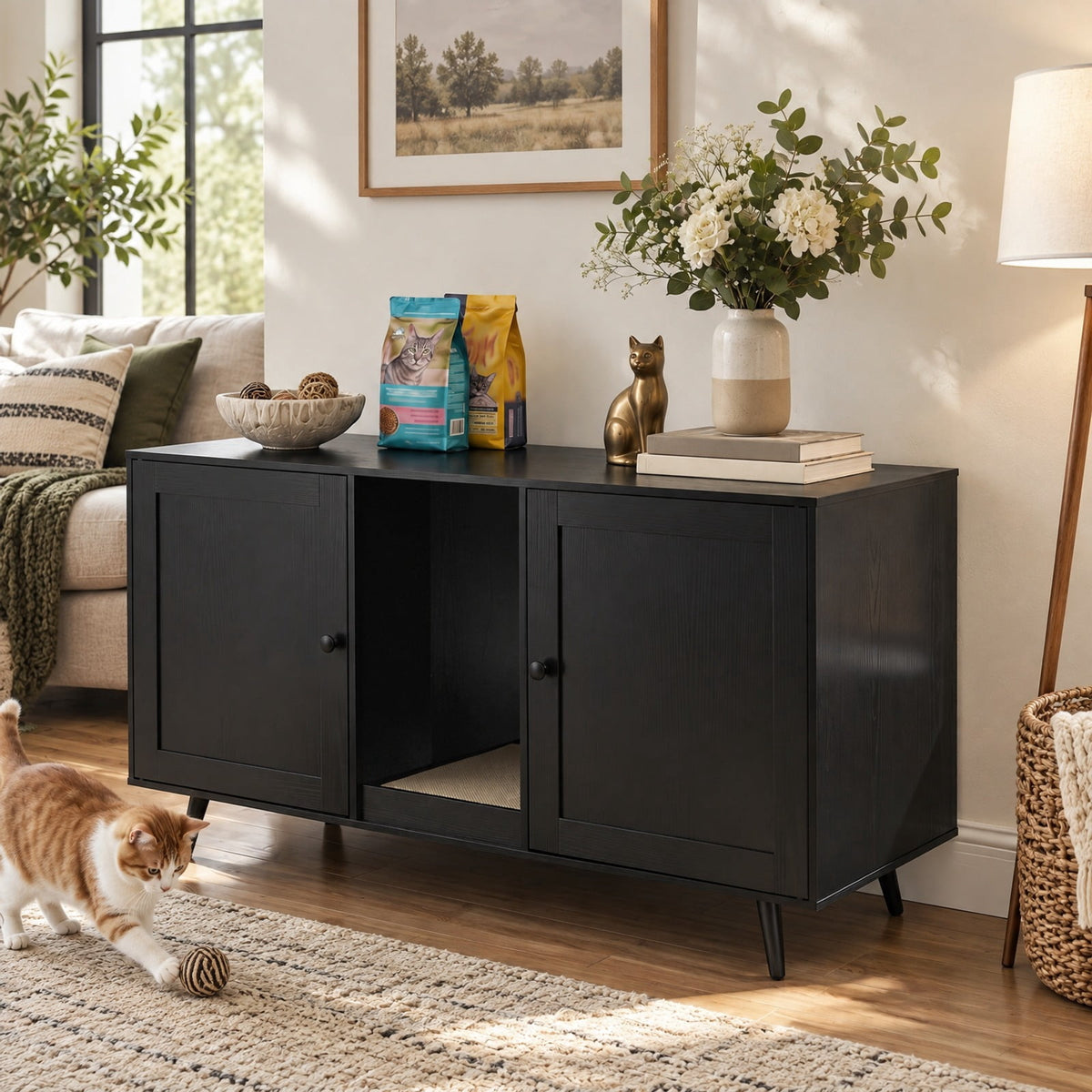 Airfind Double Cat Litter Box Enclosure for 2 Cats with Scratching Pad and Double Rooms, Engineered Wood Frame, Black