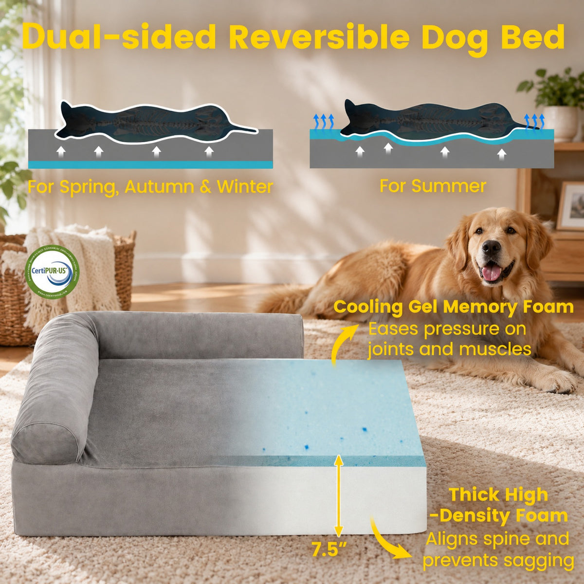 Airfind Cooling Gel Memory Foam Dog Bed for Medium Dogs with Washable Cover, Cooling Gel Memory Foam Silicone Polyester 25D Foam Frame, Light Gray