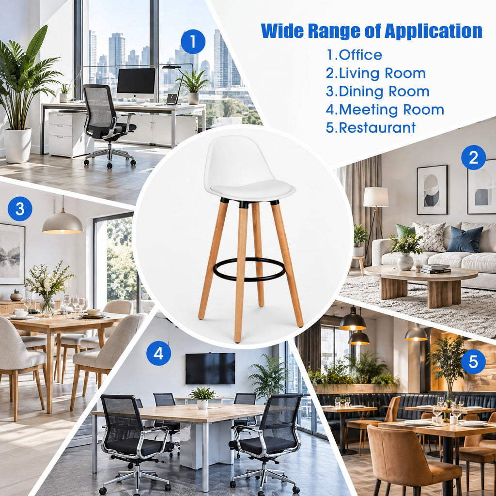 Airfind 2 Pieces Mid Century Barstool 28.5 Inches Dining Pub Chair, 250 lbs Capacity, Metal beech wood PU PP Frame, White