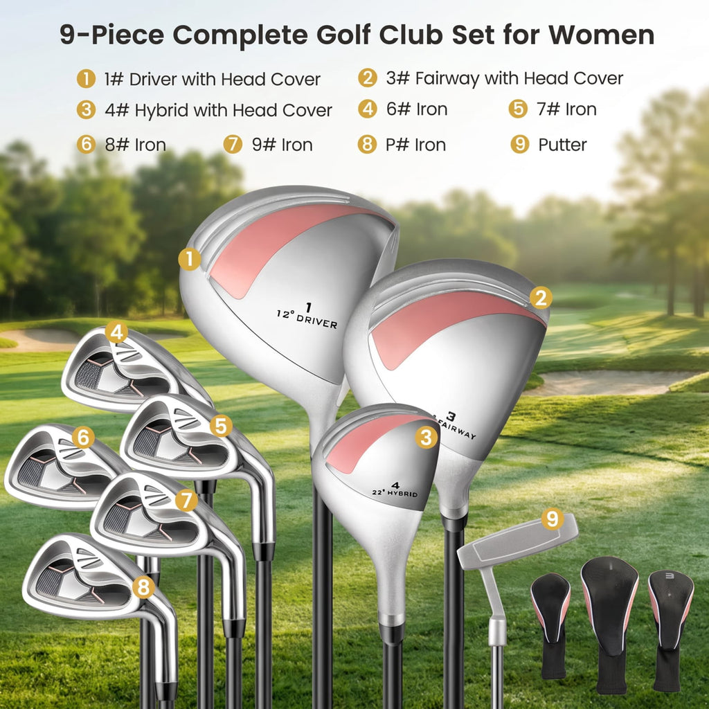 Airfind Womens 9 Piece Complete Golf Club Set with Driver Fairway Wood Hybrid Irons and Putter for Ladies Beginners, Pink
