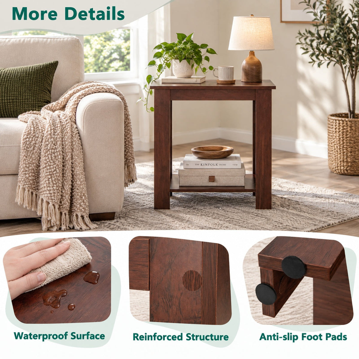 Airfind 2-Tier Modern Compact End Table with Storage Shelf, 110 lbs Capacity, Engineered Wood Frame, 23.5 x 12 x 24 Footprint, Brown