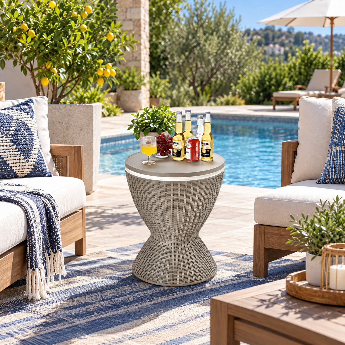 Airfind 3 in 1 8 Gallon Patio Rattan Cooler Bar Table with Adjust Ice Bucket, 165 lbs Capacity, PP Frame, Φ19 x 22.5 Footprint, Brown