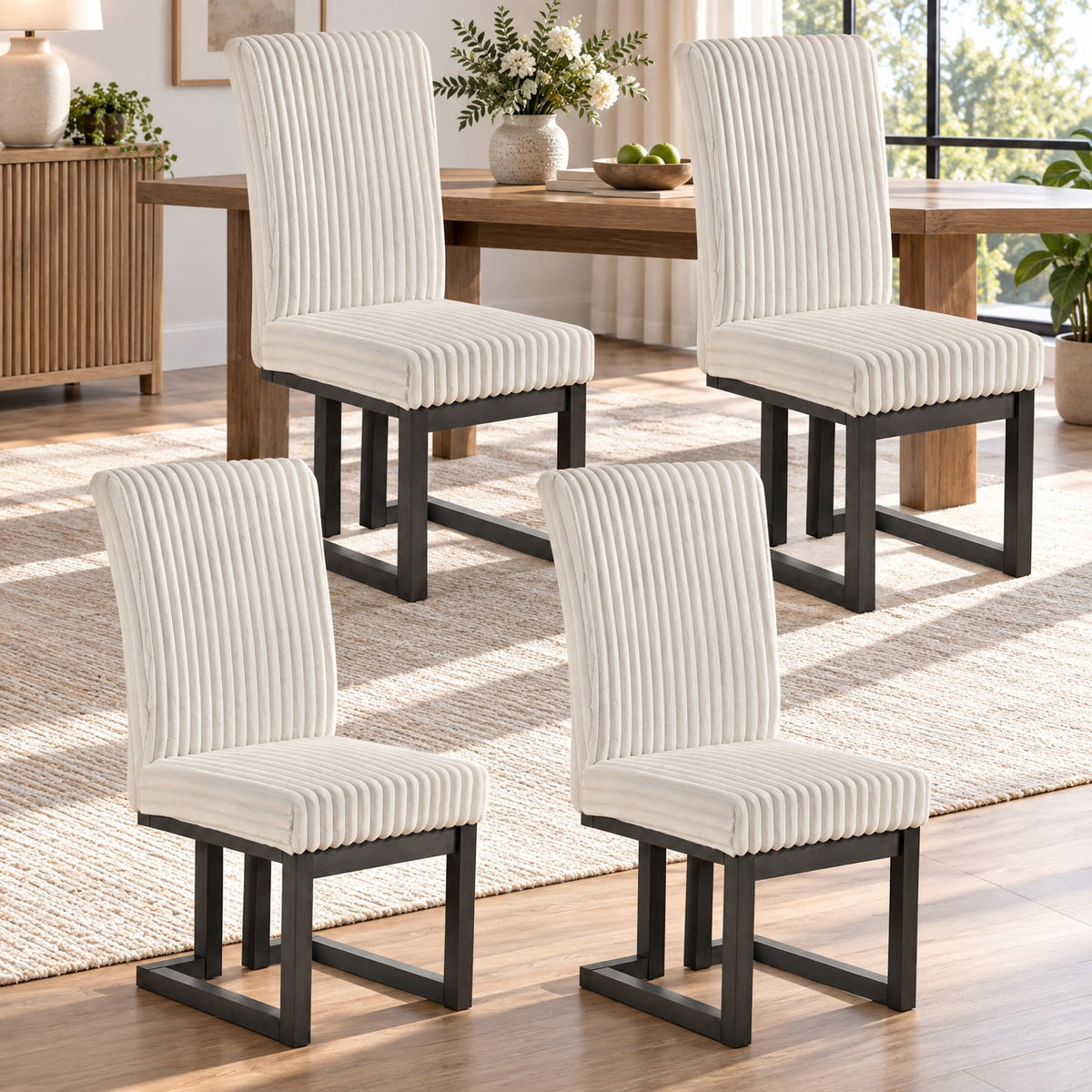 Airfind Upholstered Dining Chairs Set of 4 with Rubber Wood Legs and Padded Seat for Dining Room, 330 lbs Capacity, Rubber Wood Fabric Frame, White
