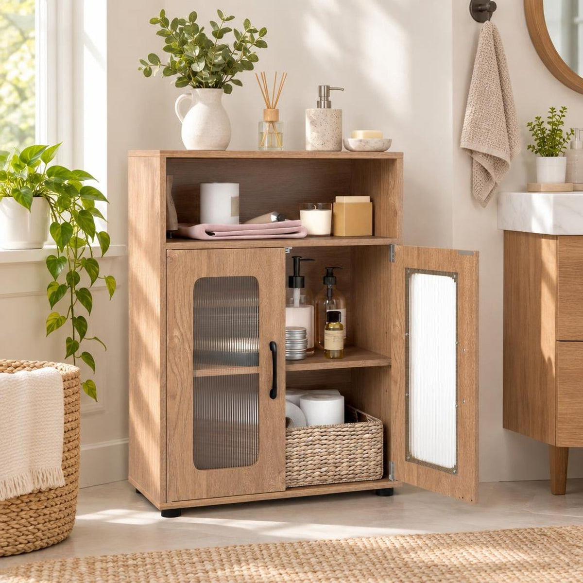 Airfind Bathroom Cabinet Freestanding Cabinet featuring 2 Doors and 3-Level Adjustable Shelf, 155 lbs Capacity, Engineered Wood Frame, Natural