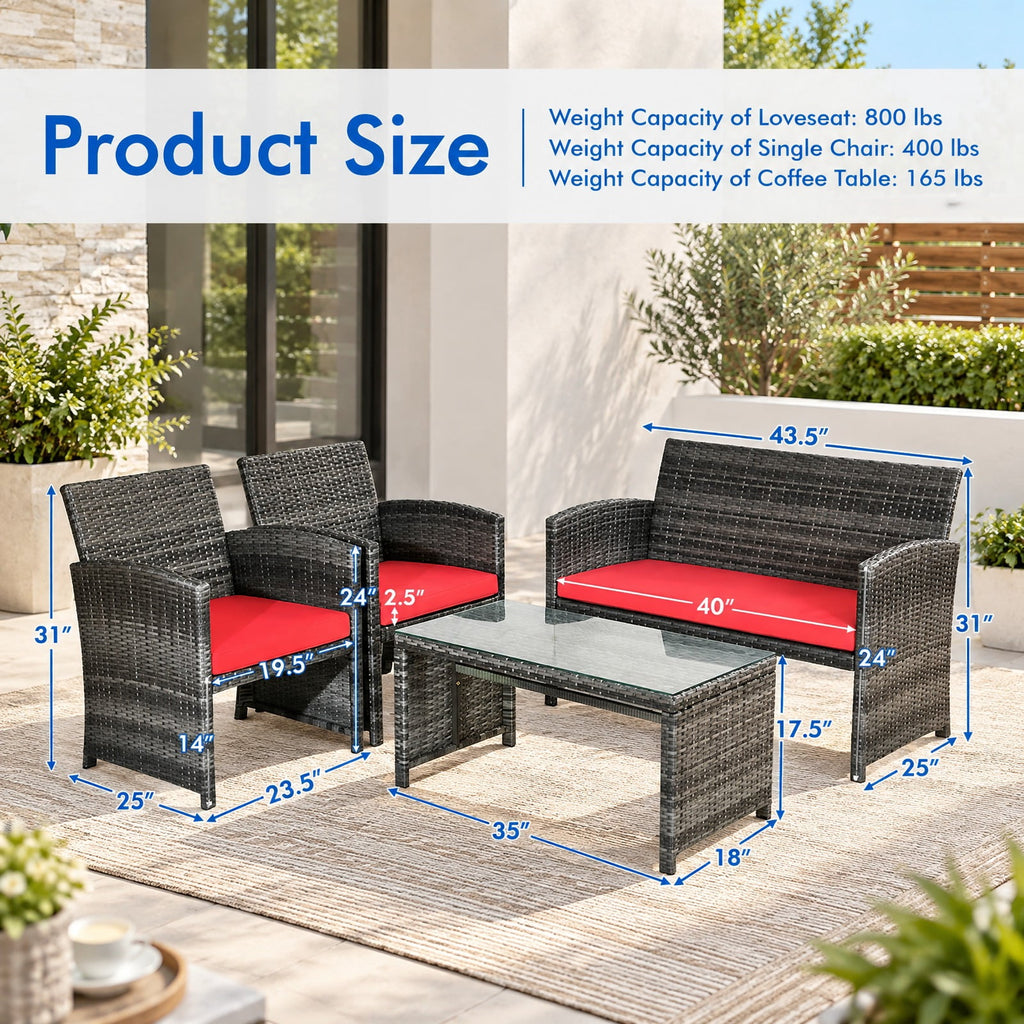 Airfind 4 Pieces Patio Rattan Furniture Set with Cushions, PE Rattan Polyester Fiber Steel Sponge Single Sofa Frame, Red
