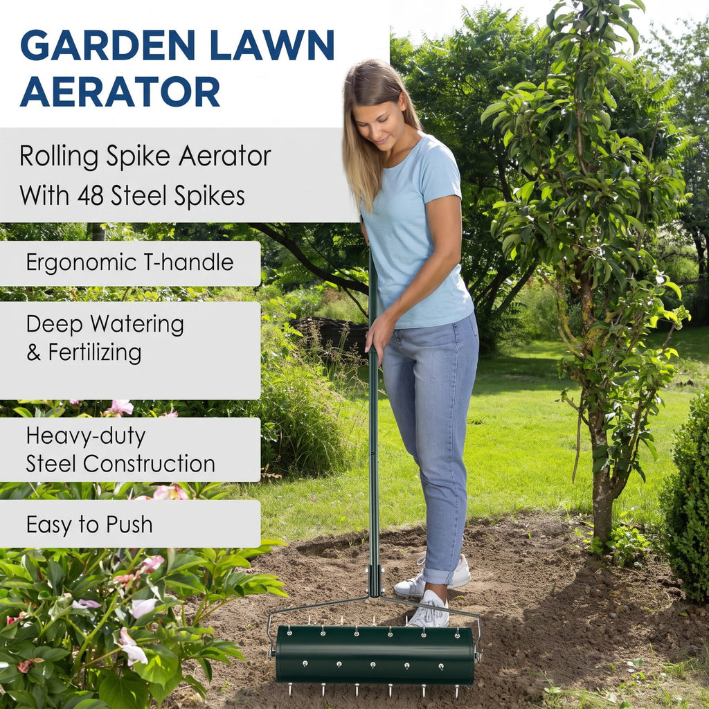 Airfind 18/21 Inch Manual Lawn Aerator with Detachable Handle Filled with Sand or Stone-21 inches, Galvanized Steel Metal PP Frame, Green
