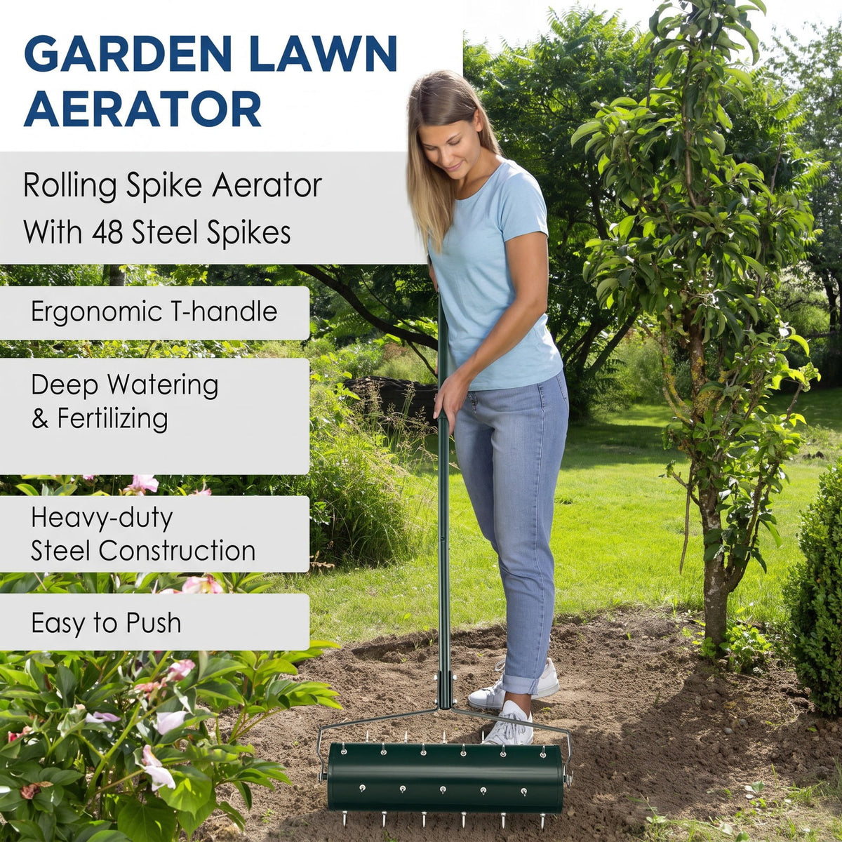 Airfind 18/21 Inch Manual Lawn Aerator with Detachable Handle Filled with Sand or Stone-21 inches, Galvanized Steel Metal PP Frame, Green
