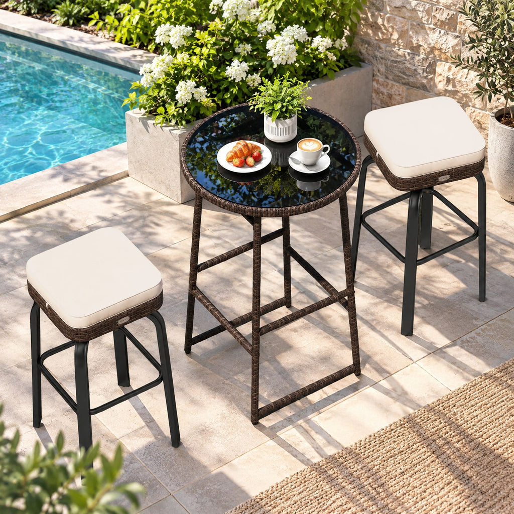Airfind 3 Pieces Outdoor Swivel Bar Set PE Rattan Bar Height Table with 2 Chairs, PE Rattan Metal Tempered Glass Polyester Sponge Frame, White