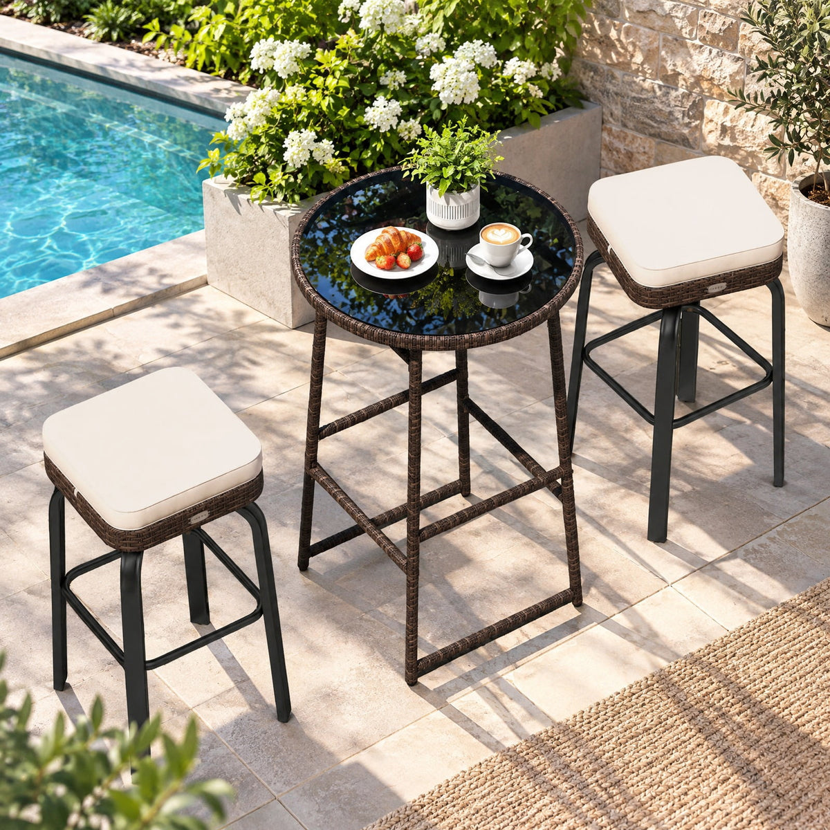 Airfind 3 Pieces Outdoor Swivel Bar Set PE Rattan Bar Height Table with 2 Chairs, PE Rattan Metal Tempered Glass Polyester Sponge Frame, White