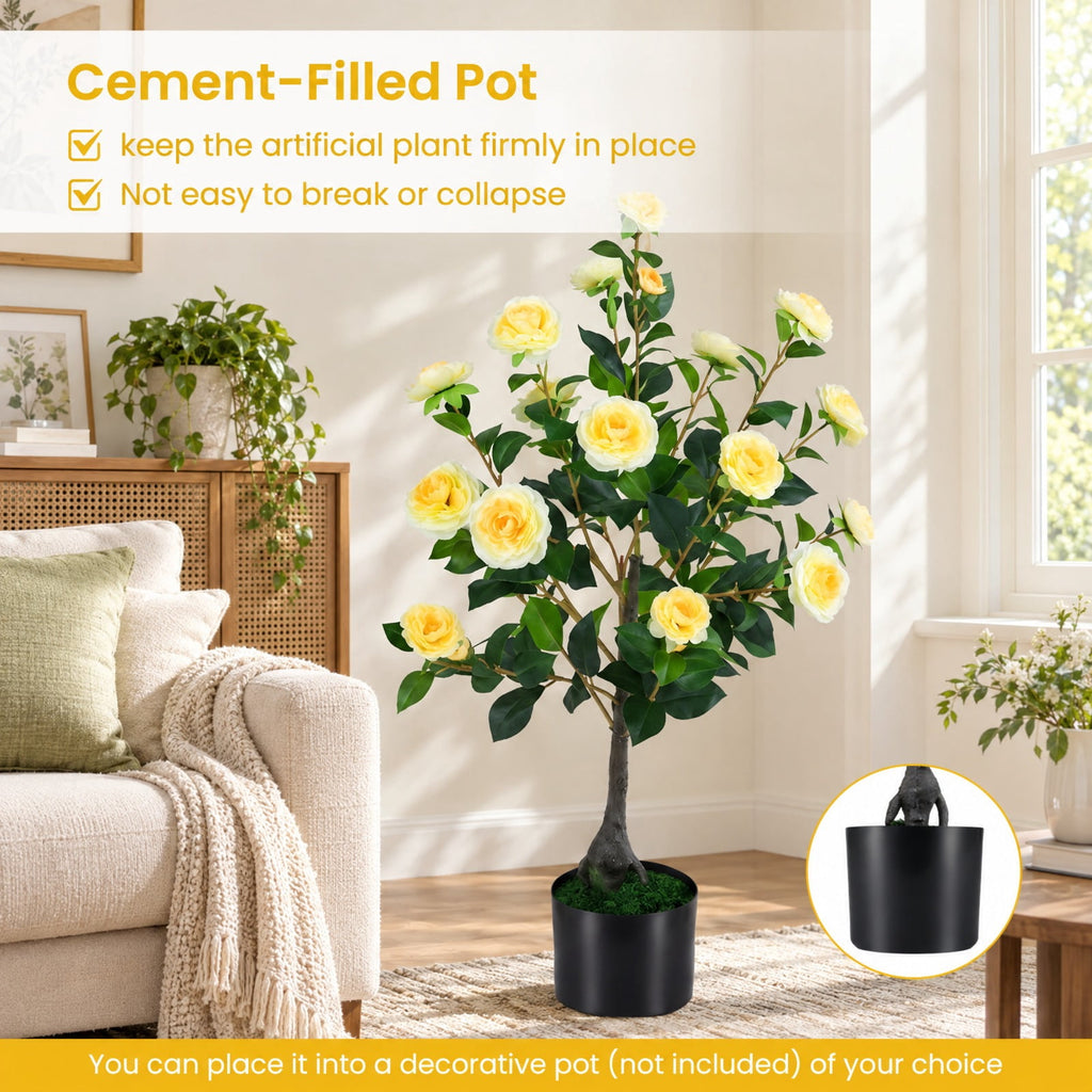 Airfind 2-Pack Artificial Camellia Tree Faux Flower Plant in Cement-Filled Pot, Yellow, offers excellent stability and balance