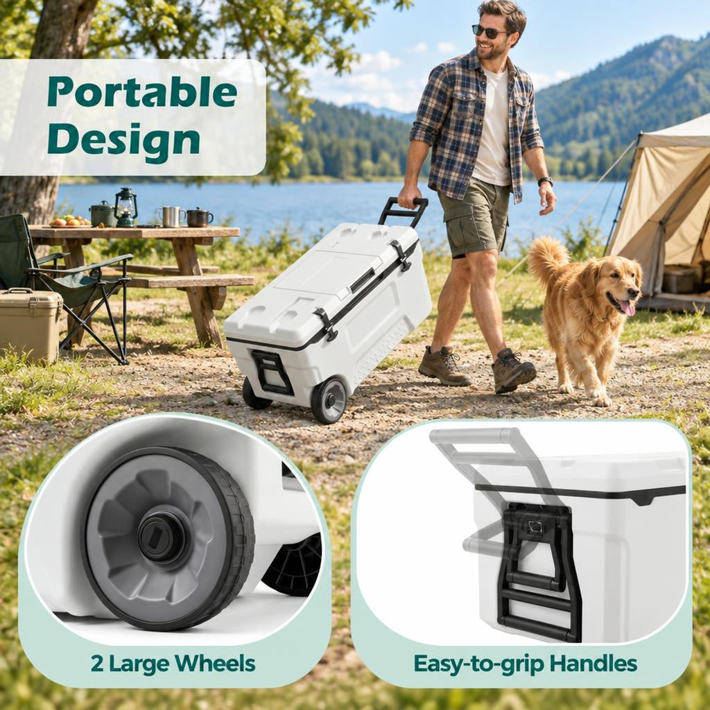Airfind 53 Quart Portable Rolling Cooler with Fish Ruler for Outdoor, PP PU HDPE TPE Frame, 29.5 x 16 x 16 Footprint, White