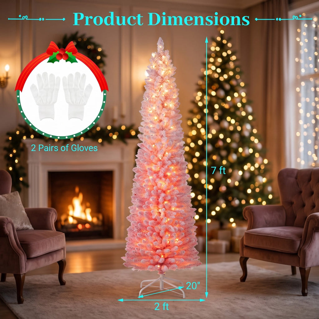 Airfind 7 FTSnow-flocked Artificial Pink Christmas Tree Pre, PVC Metal Tree Height 6 ft / 7 ft Tree Width 1.6 ft / 2 ft Frame, Pink
