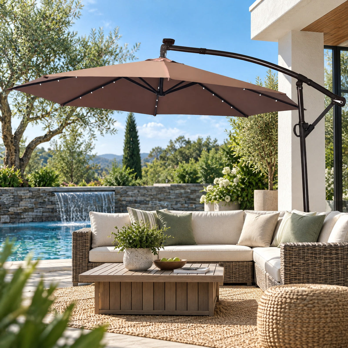 Airfind 10 ft 360° Rotation Solar Powered LED Patio Offset Umbrella without Weight Base, Steel aluminum polyester fabric Frame, 10 x 7.5 Footprint